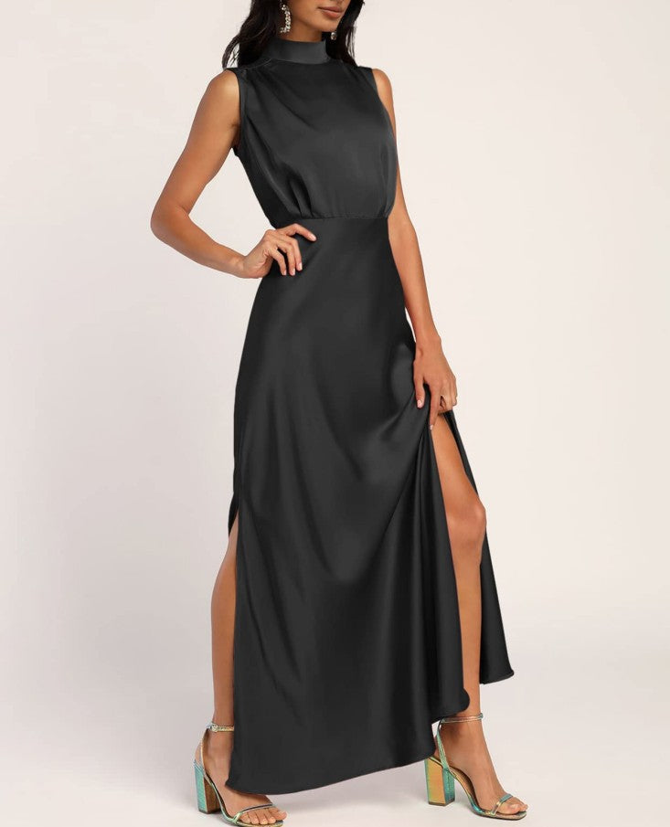 Women's Elegant Satin Stand Collar Long Dress - ChoreGirl