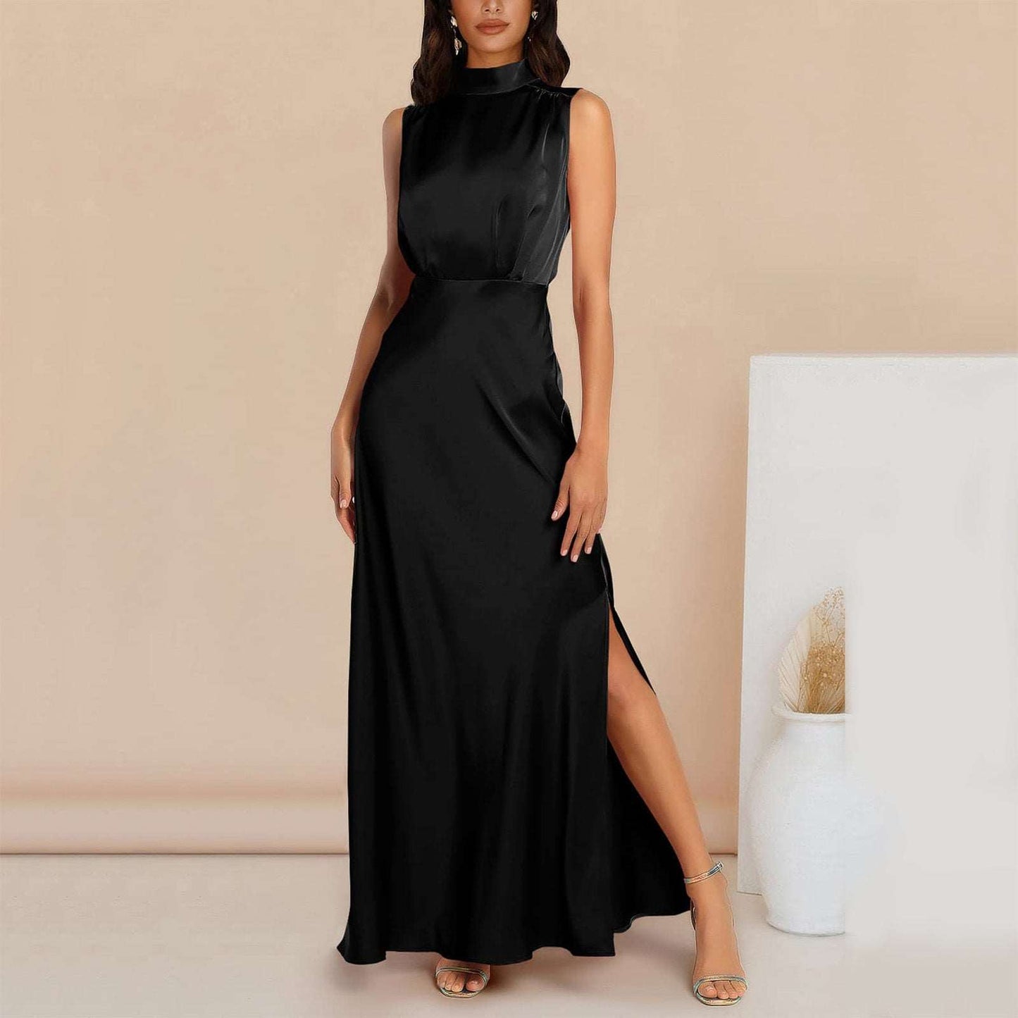Women's Elegant Satin Stand Collar Long Dress - ChoreGirl