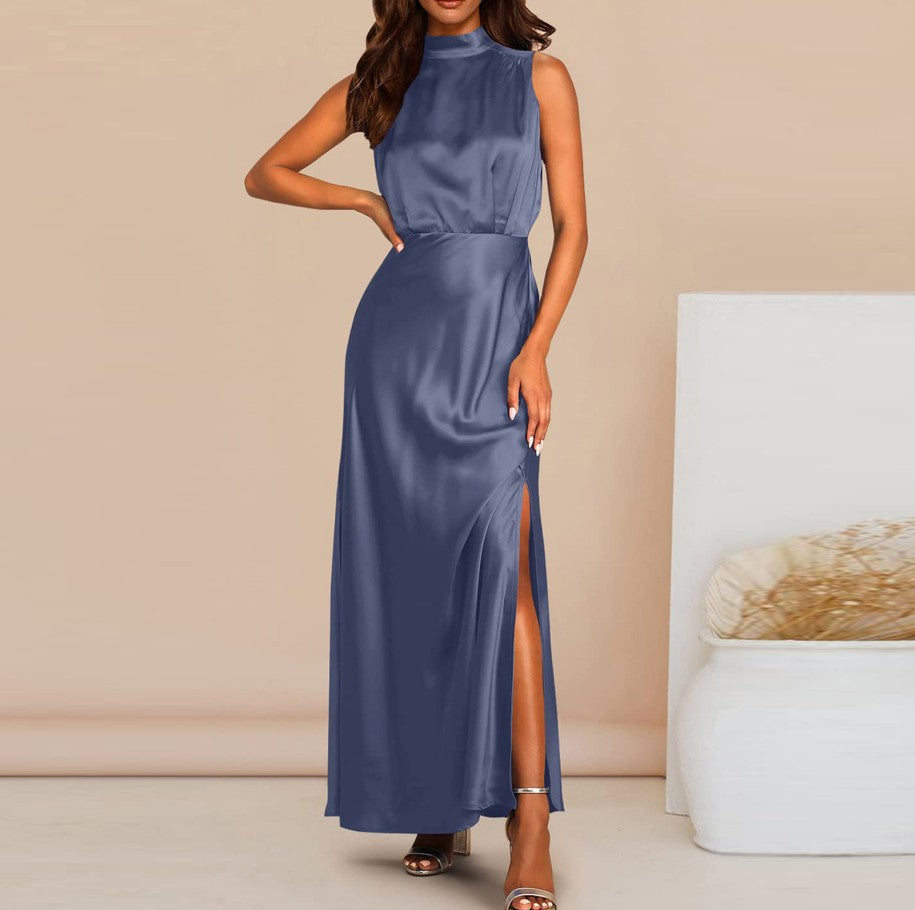 Women's Elegant Satin Stand Collar Long Dress - ChoreGirl