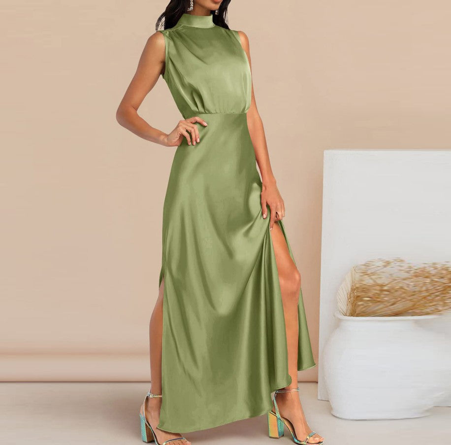 Women's Elegant Satin Stand Collar Long Dress - ChoreGirl