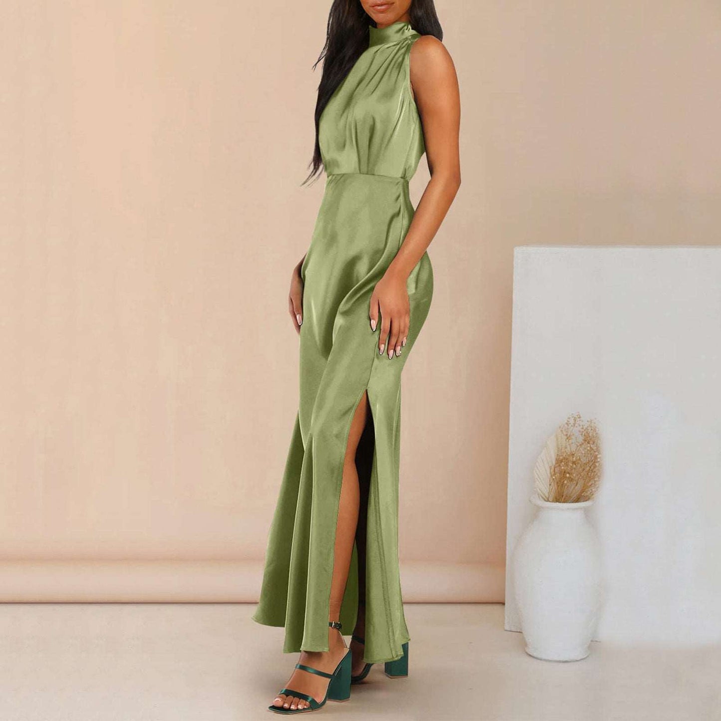 Women's Elegant Satin Stand Collar Long Dress - ChoreGirl