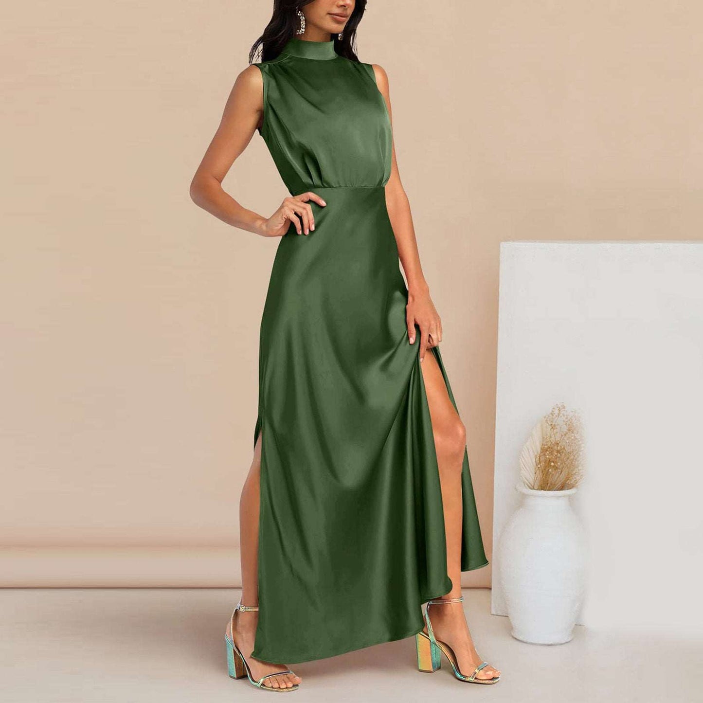 Women's Elegant Satin Stand Collar Long Dress - ChoreGirl