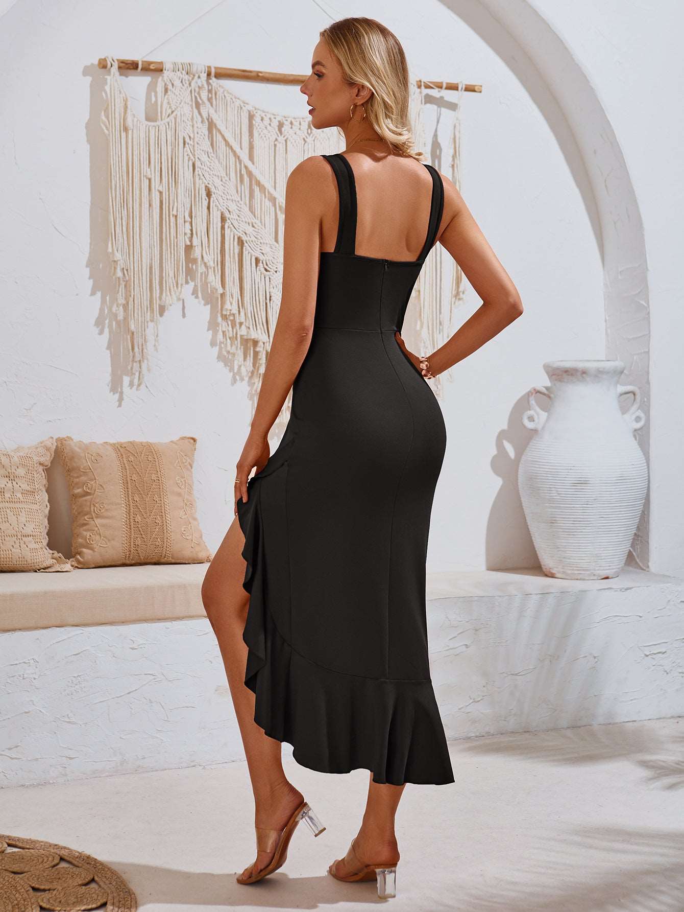 Women's Elegant V-neck Sleeveless Ruffled Skirt Dress - ChoreGirl