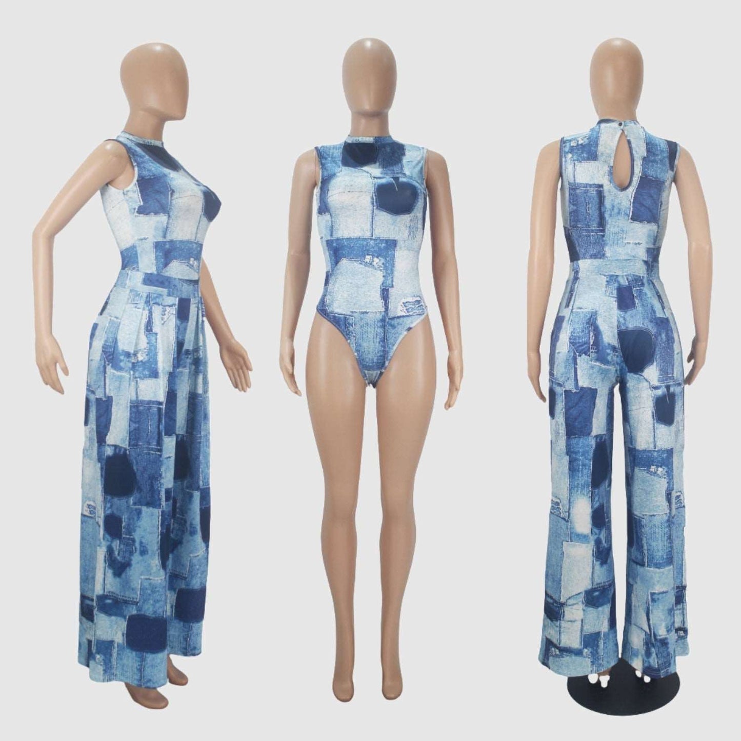 Women's Colorful Pattern Print Sleeveless Wide Leg Pants and Bodysuit Outfit Set - ChoreGirl