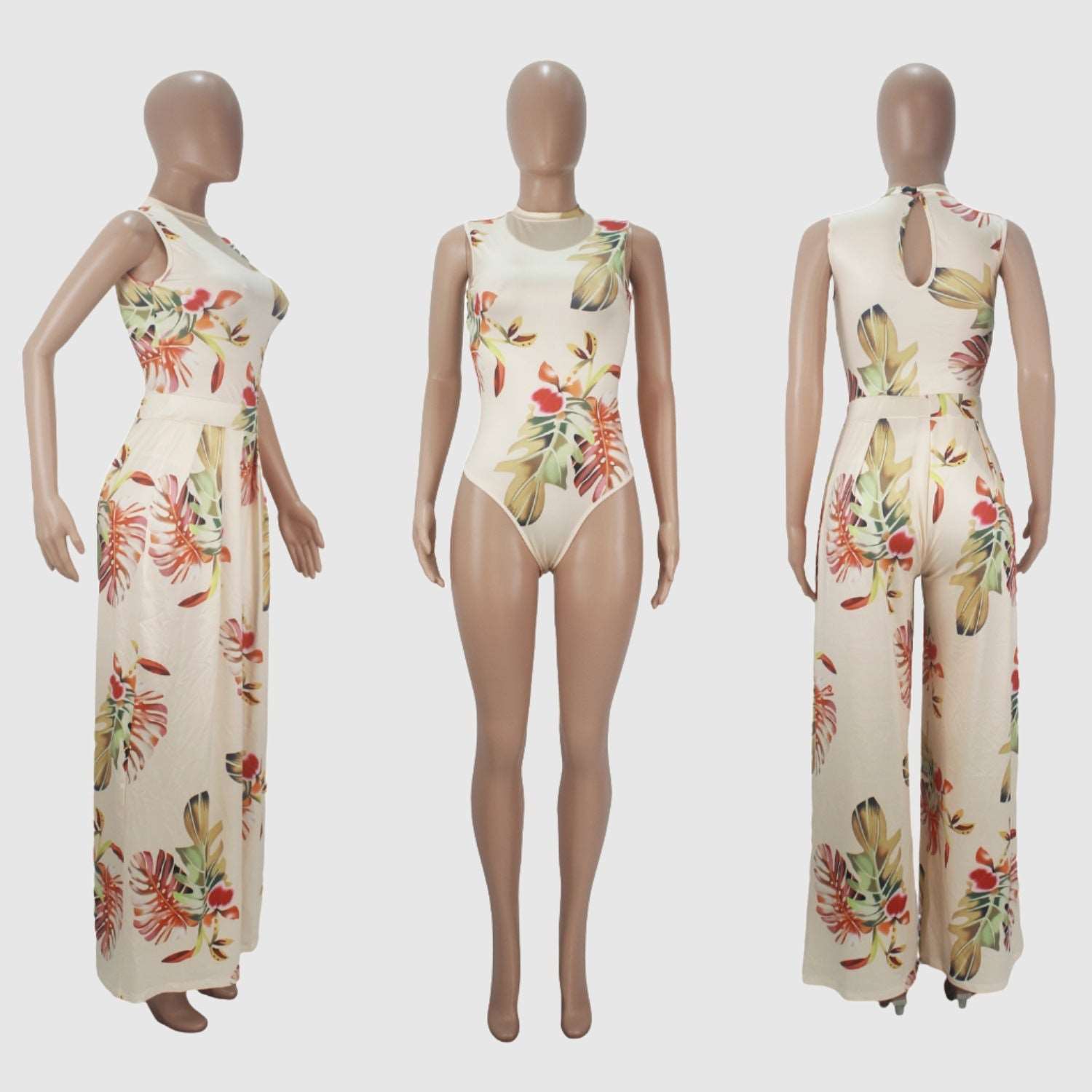 Women's Colorful Pattern Print Sleeveless Wide Leg Pants and Bodysuit Outfit Set - ChoreGirl