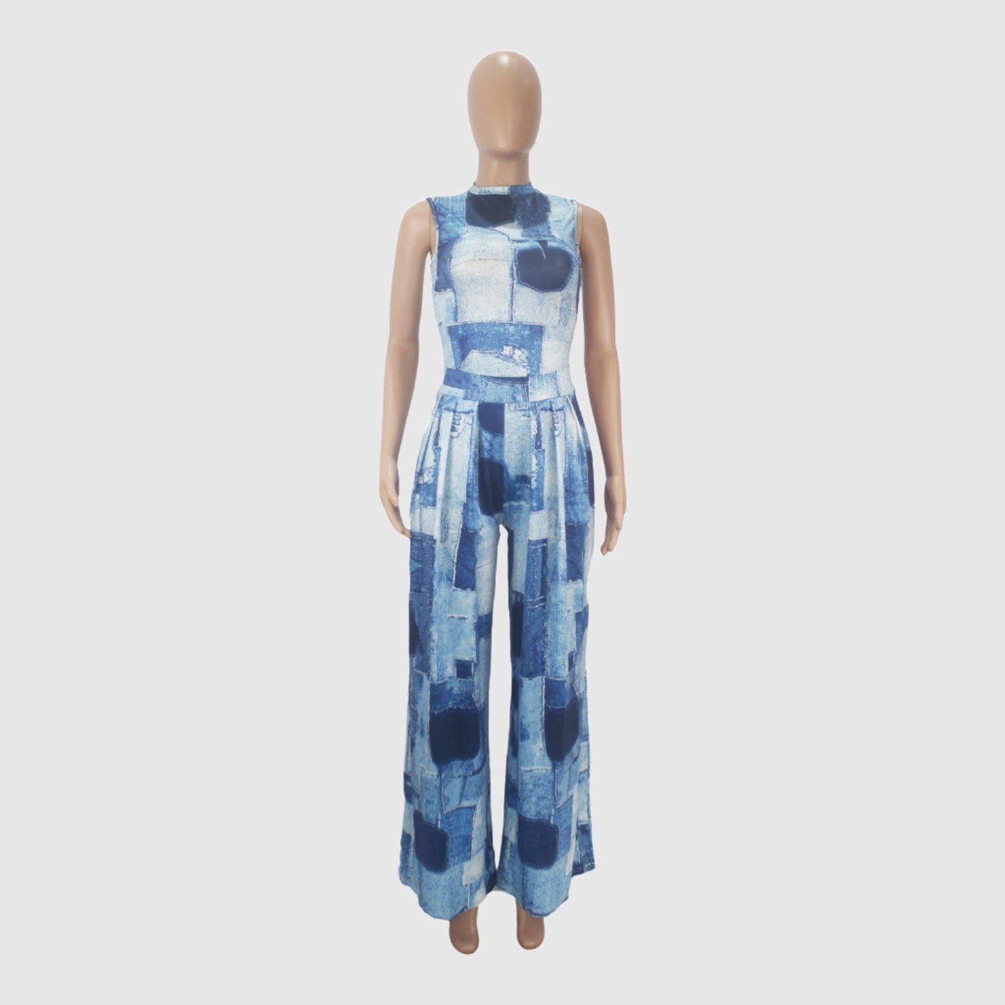 Women's Colorful Pattern Print Sleeveless Wide Leg Pants and Bodysuit Outfit Set - ChoreGirl