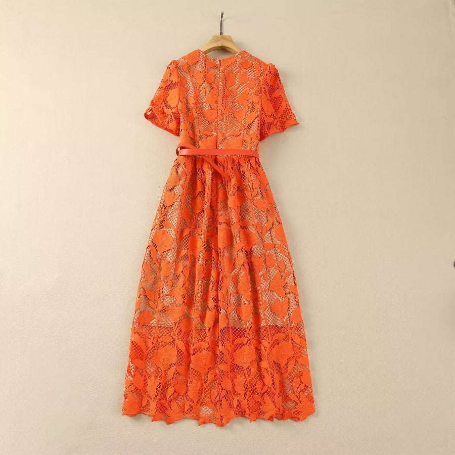 Women's Elegant Vintage Crocheted Round Neck Short Sleeve Dress - ChoreGirl