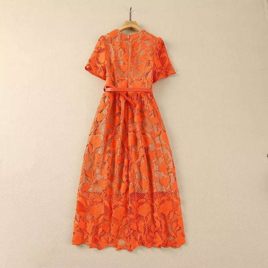 Women's Elegant Vintage Crocheted Round Neck Short Sleeve Dress - ChoreGirl