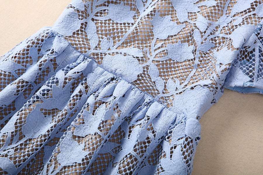 Women's Elegant Vintage Crocheted Round Neck Short Sleeve Dress - ChoreGirl