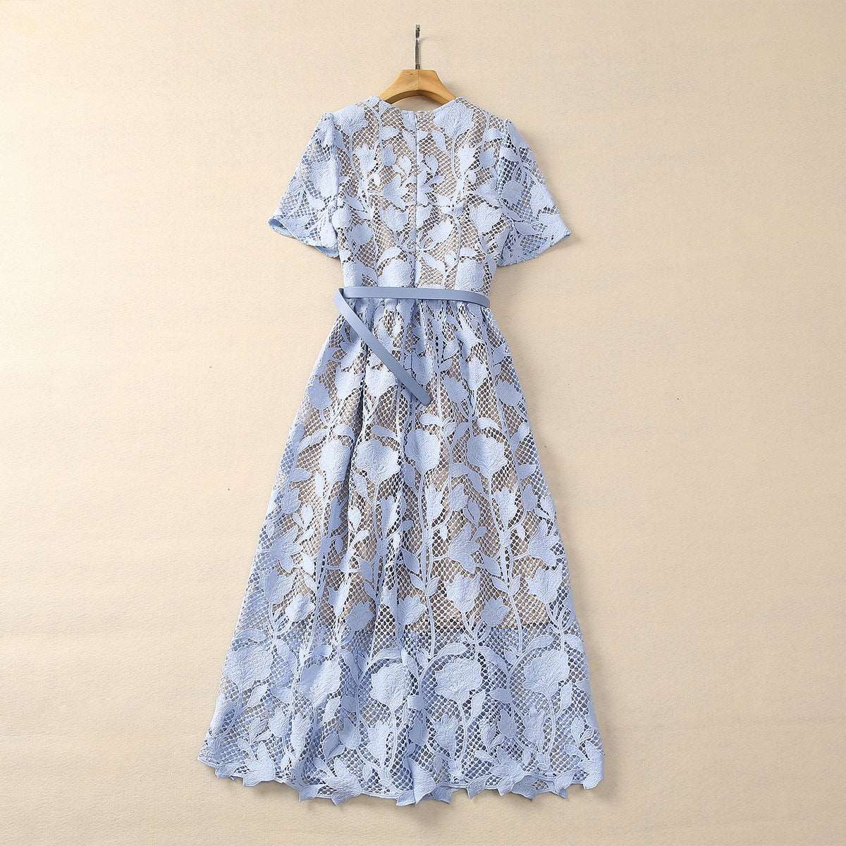 Women's Elegant Vintage Crocheted Round Neck Short Sleeve Dress - ChoreGirl