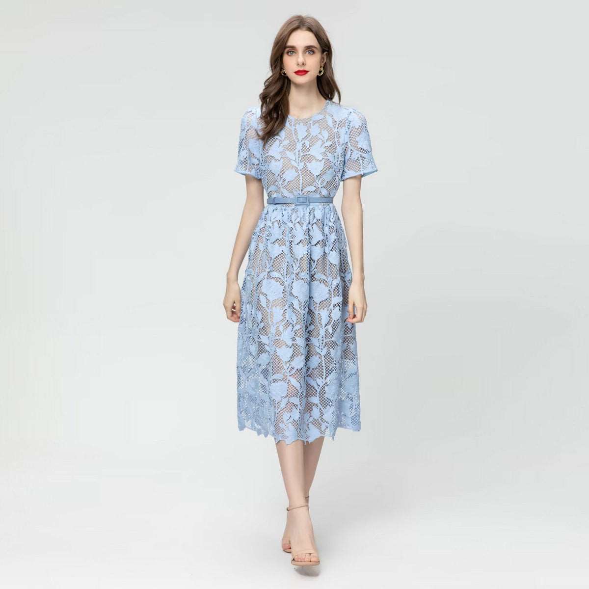 Women's Elegant Vintage Crocheted Round Neck Short Sleeve Dress - ChoreGirl