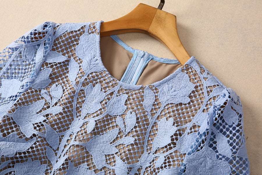 Women's Elegant Vintage Crocheted Round Neck Short Sleeve Dress - ChoreGirl