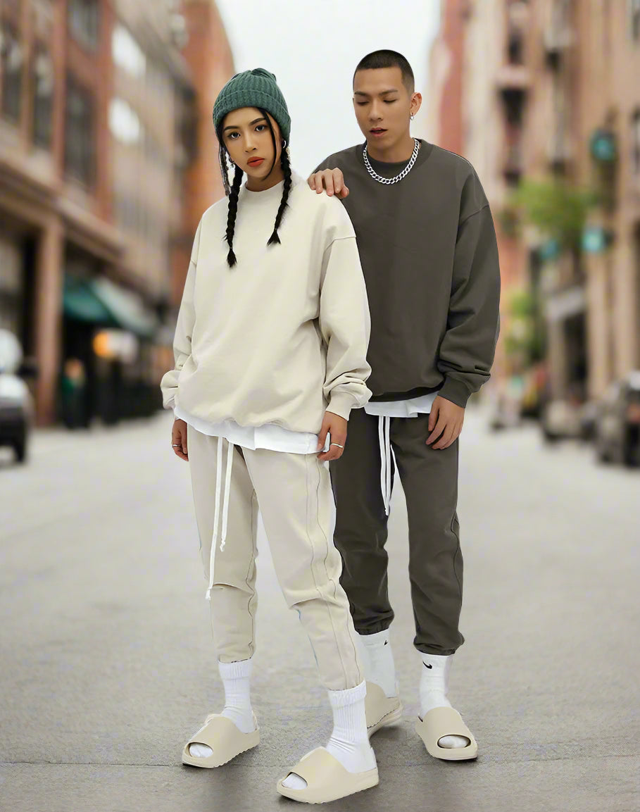 Unisex Heavy Terry Solid Color Loose Round Neck Sweatshirt and Sweatpants - ChoreGirl