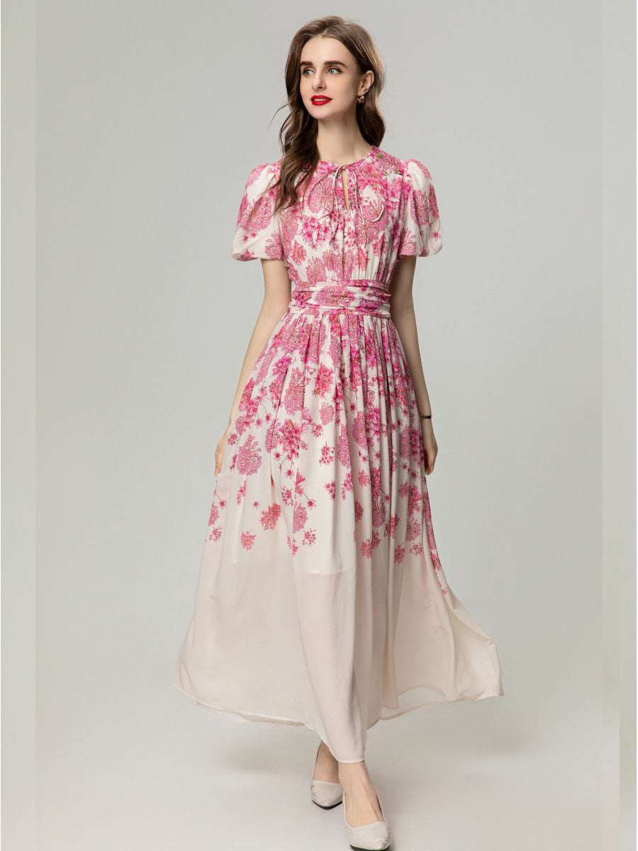 Women's Elegant Waist Sliming Short Sleeve Long Dress - ChoreGirl