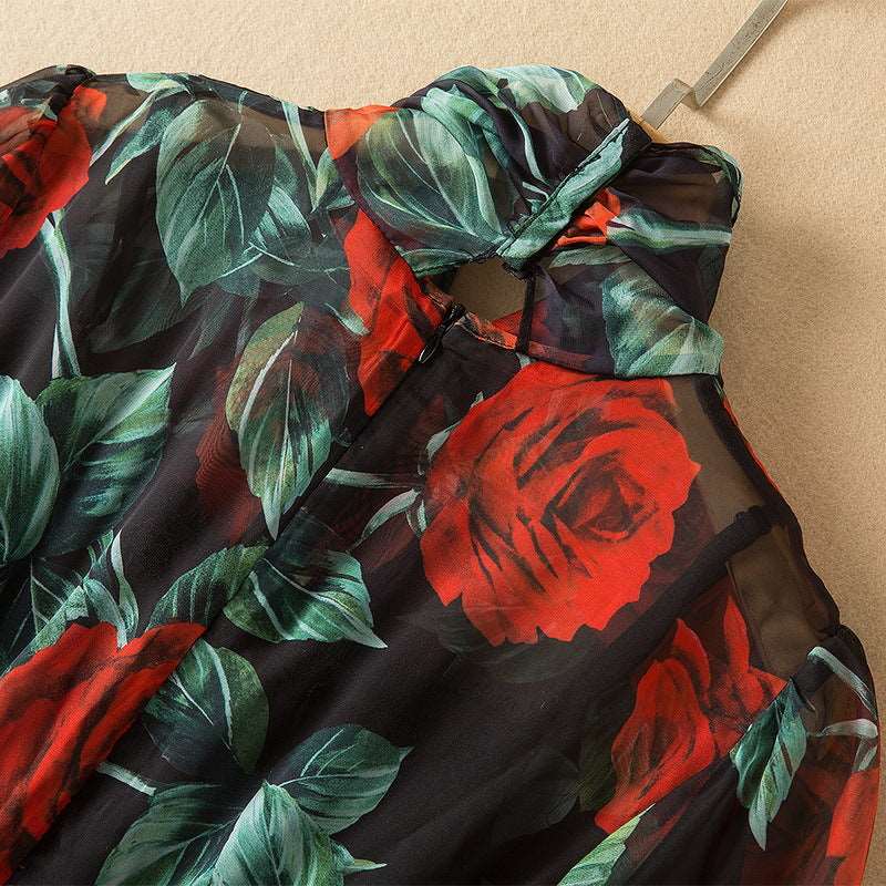 Women's Elegant Tie-neck Big Swing Chiffon Dress - ChoreGirl