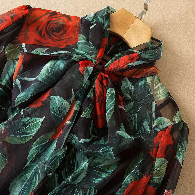 Women's Elegant Tie-neck Big Swing Chiffon Dress - ChoreGirl