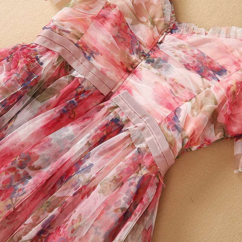Women's Mesh Floral Print High Waist Dress - ChoreGirl