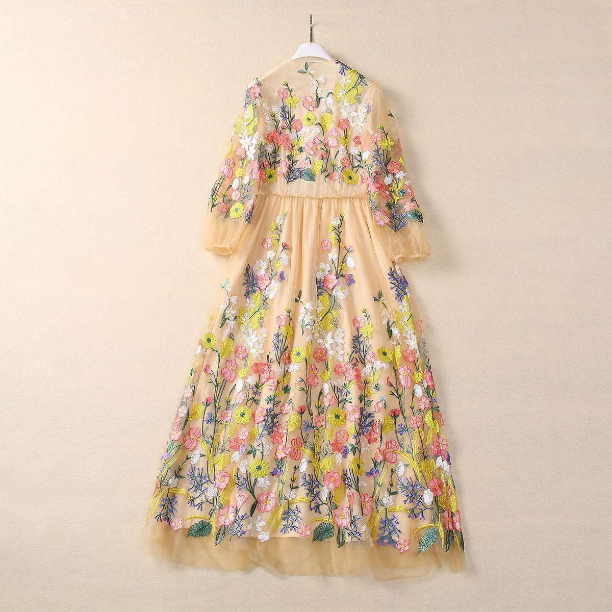 Women's Embroidery Flower Mesh Large Swing Sleeve V-neck Dress - ChoreGirl