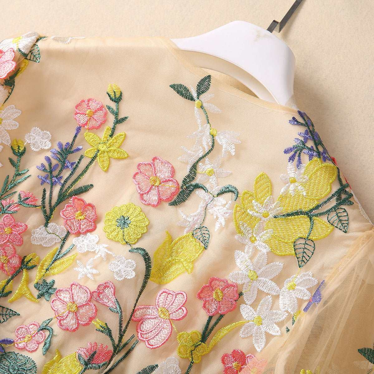 Women's Embroidery Flower Mesh Large Swing Sleeve V-neck Dress - ChoreGirl