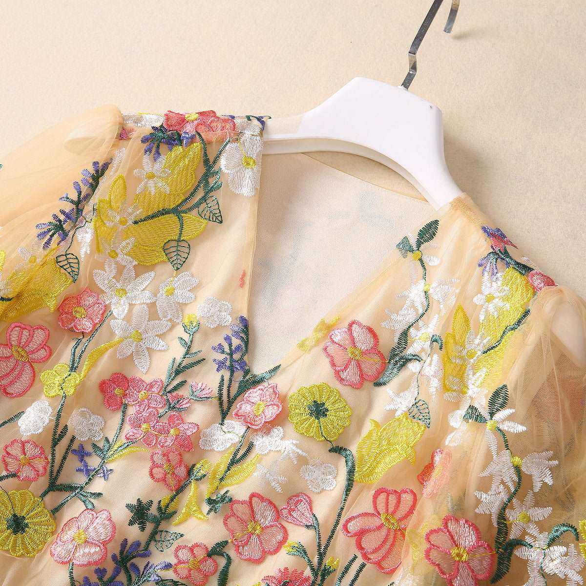 Women's Embroidery Flower Mesh Large Swing Sleeve V-neck Dress - ChoreGirl