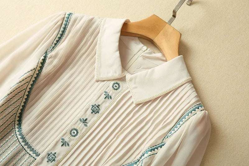 Women's Romantic Pleated Embroidery Long Sleeve Dress - ChoreGirl