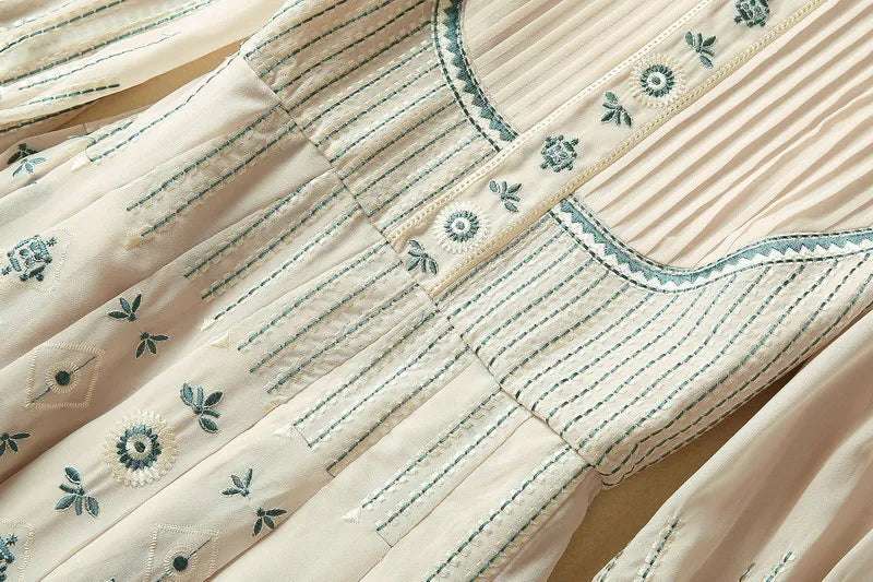 Women's Romantic Pleated Embroidery Long Sleeve Dress - ChoreGirl