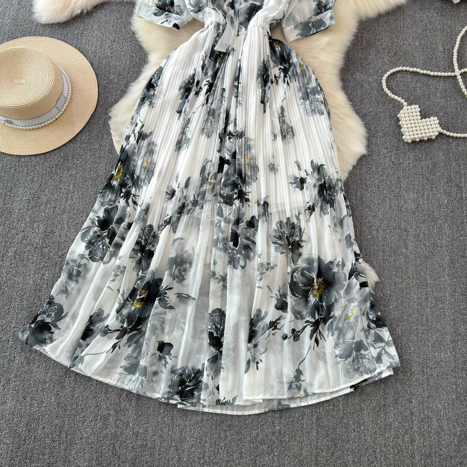 Women's Lace-up Bow Collar Slim Fit Long Chiffon Dress - ChoreGirl