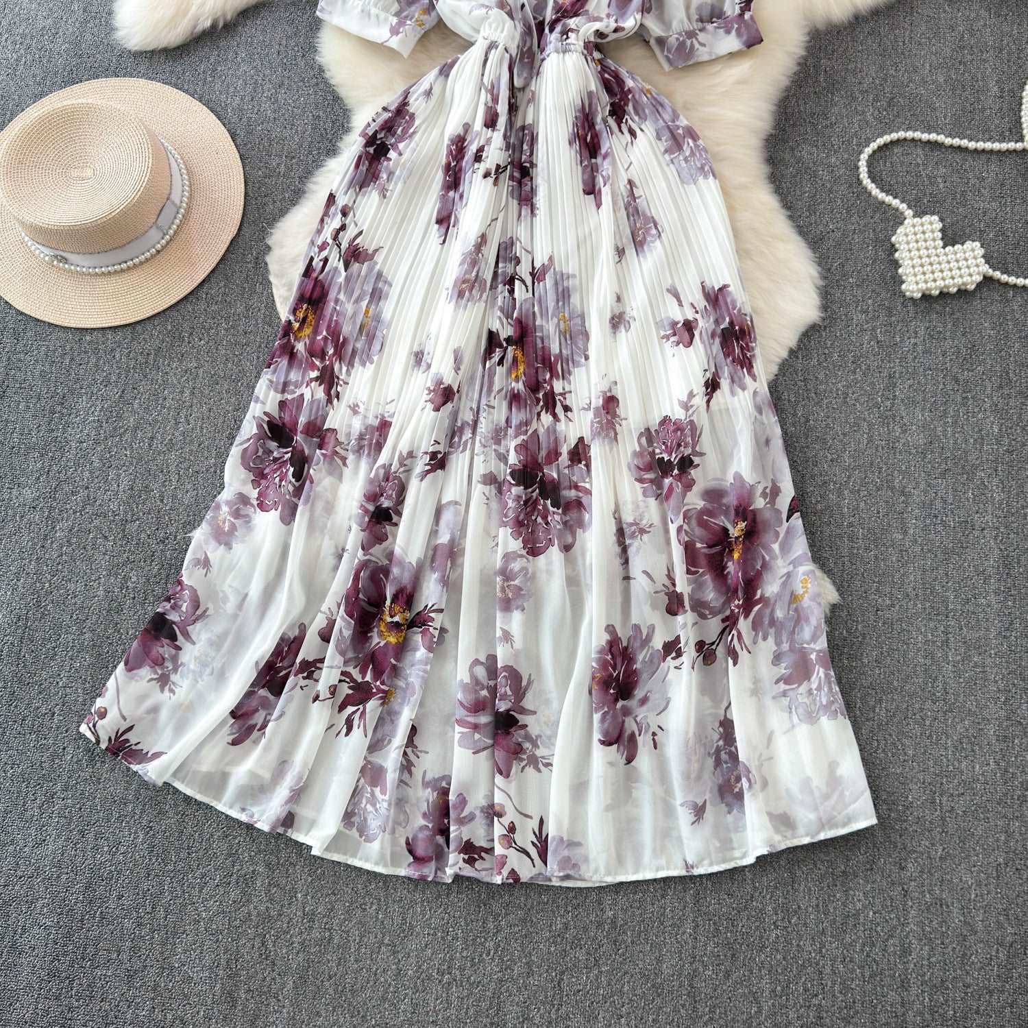 Women's Lace-up Bow Collar Slim Fit Long Chiffon Dress - ChoreGirl