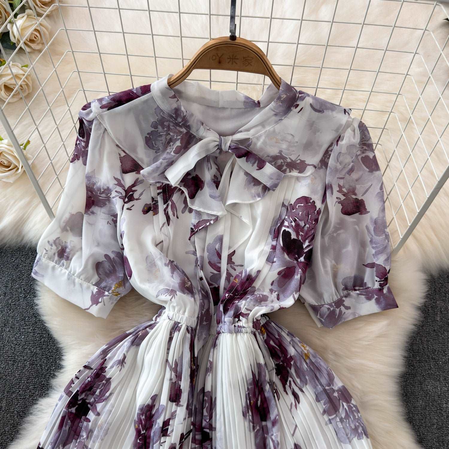 Women's Lace-up Bow Collar Slim Fit Long Chiffon Dress - ChoreGirl