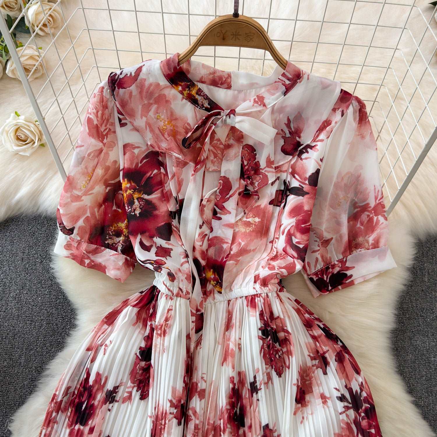 Women's Lace-up Bow Collar Slim Fit Long Chiffon Dress - ChoreGirl