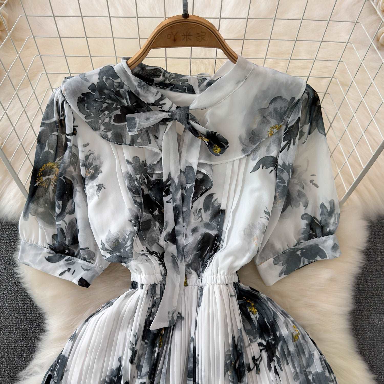 Women's Lace-up Bow Collar Slim Fit Long Chiffon Dress - ChoreGirl