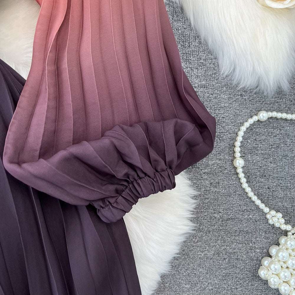 Women's Mid-length A- Line Gradient Pleated Dress - ChoreGirl