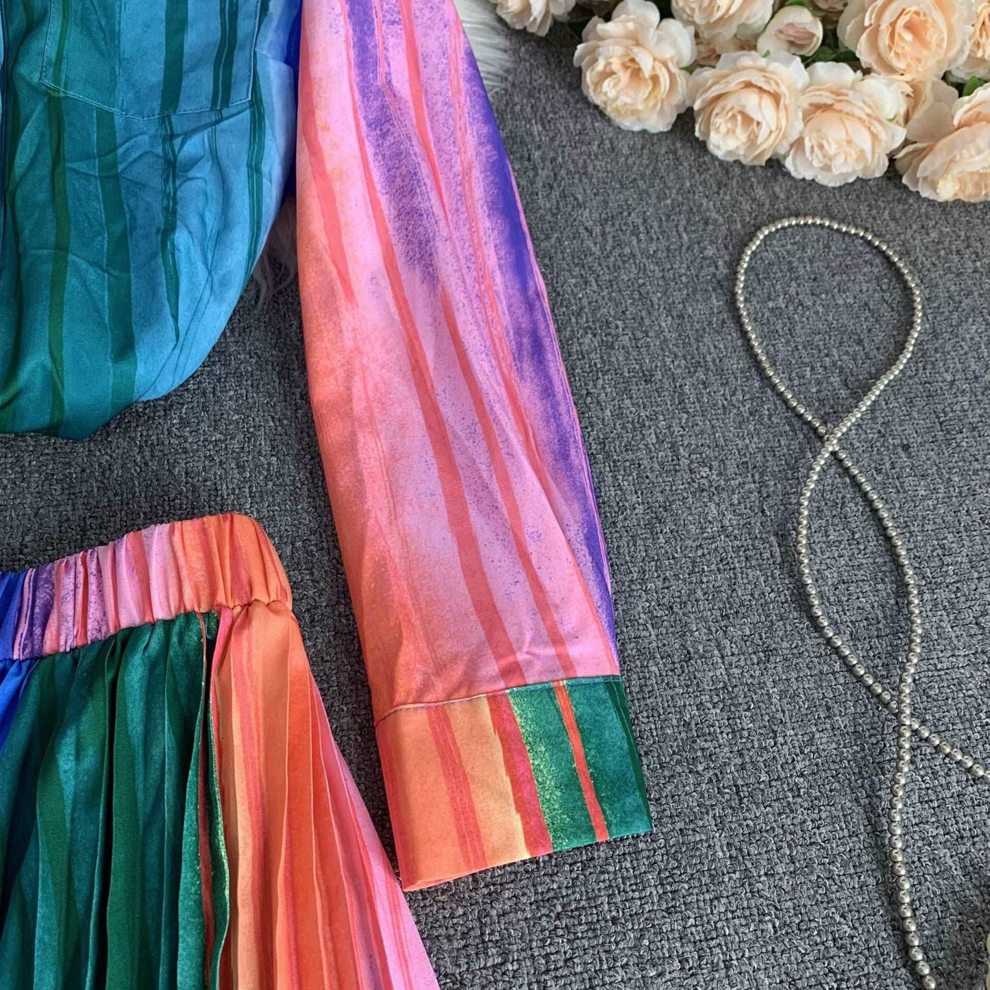 Women's Long Sleeve Stand Collar Single-breasted Shirt and High Waist Skirt Two-piece Outfit Set - ChoreGirl