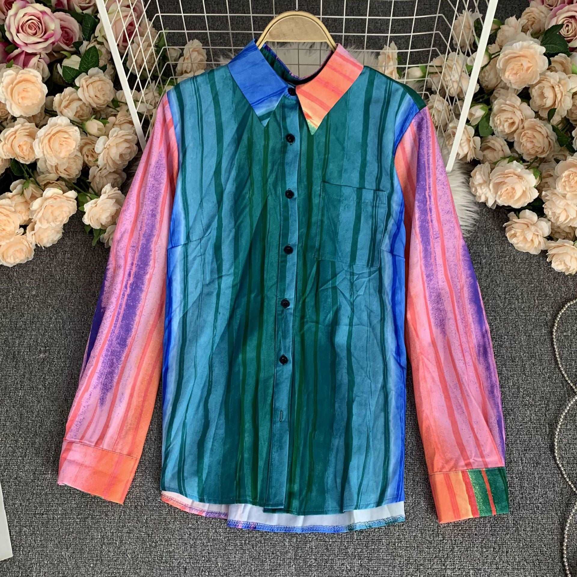 Women's Long Sleeve Stand Collar Single-breasted Shirt and High Waist Skirt Two-piece Outfit Set - ChoreGirl