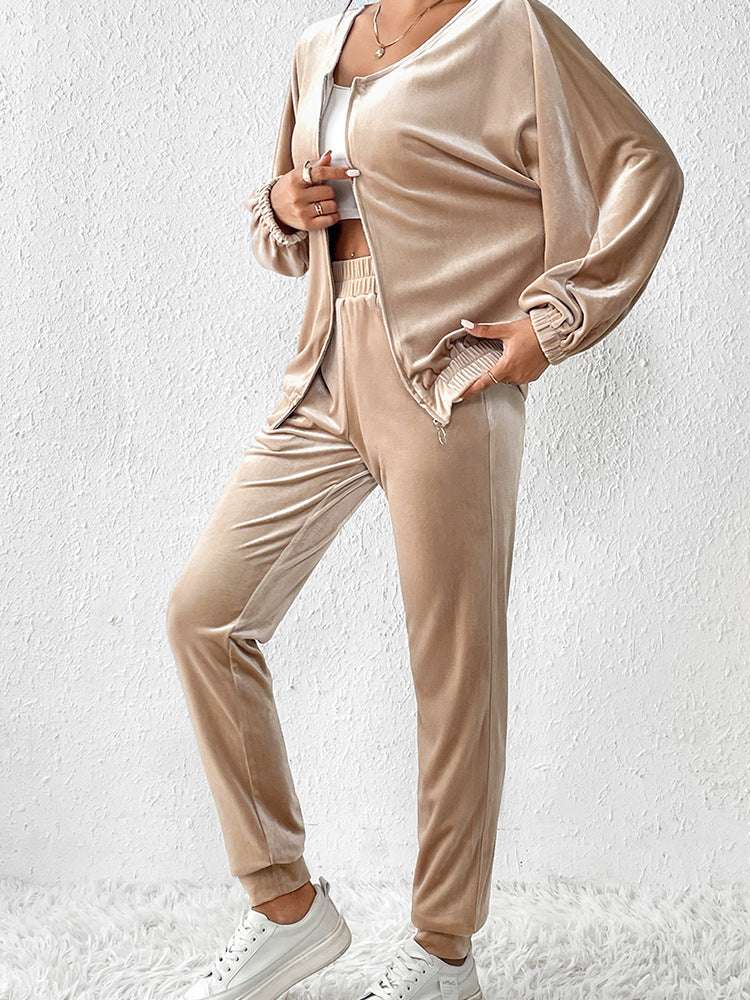 Women's Casual Solid Color Velvet Two-piece Outfit Set - ChoreGirl