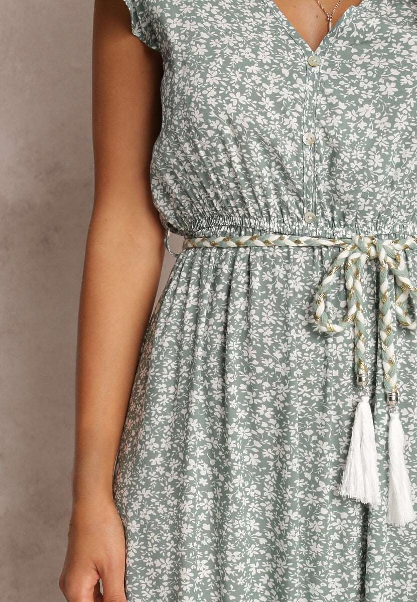 Women's Floral Tied Dress with Rope Style Belt - ChoreGirl