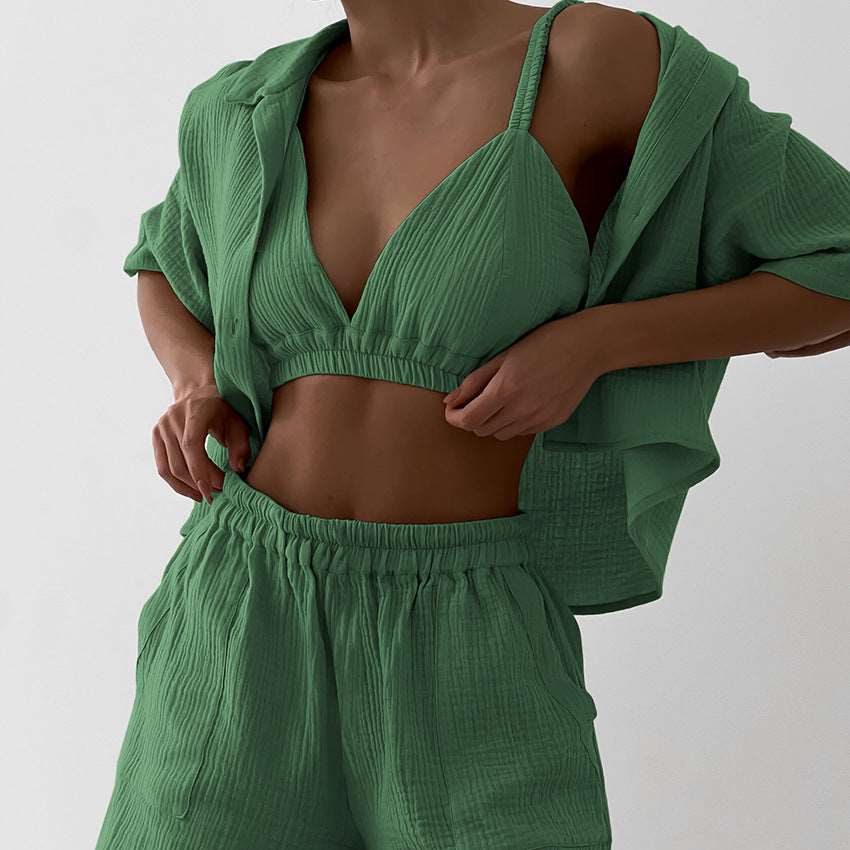 Women's Double-layer Gauze Short Sleeved Shirt, Bra Top and Shorts Loungewear Set - ChoreGirl