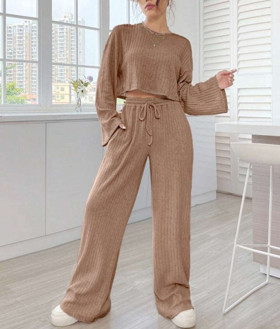 Women's Casual Loungewear Knitted Long Sleeve Top and Pants Outfit Set - ChoreGirl