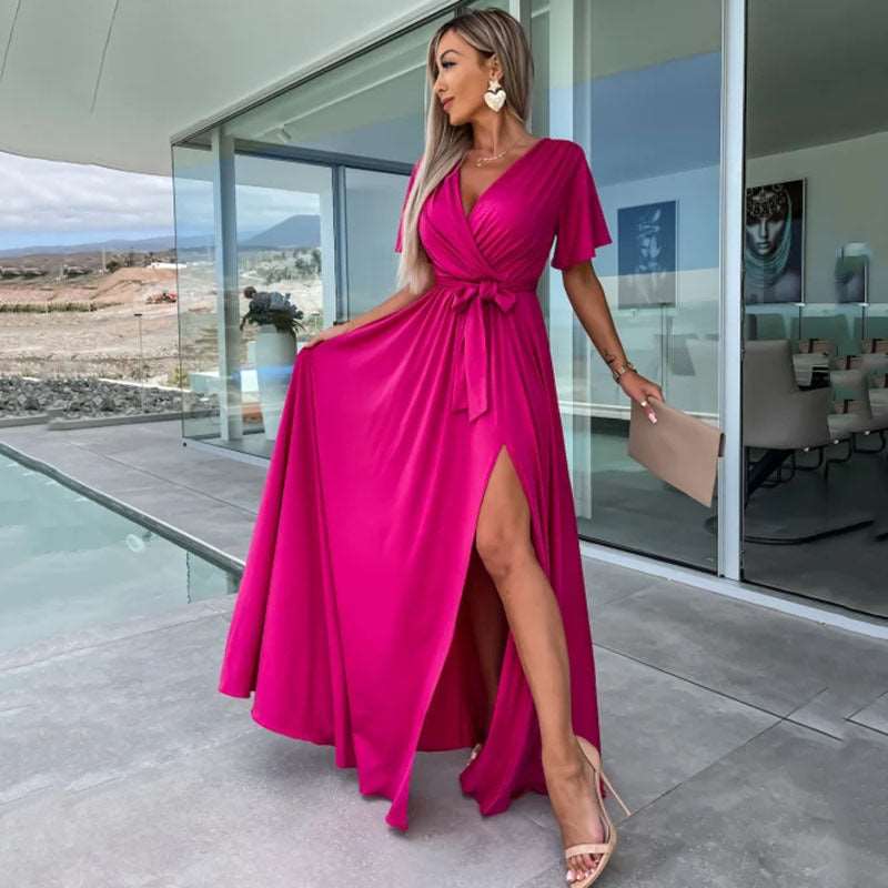 Women's Deep V-neck and Slit Elegant Dress - ChoreGirl