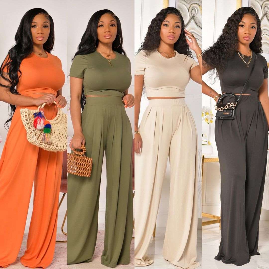 Women's Casual Wide Leg Pants and Short Sleeve Top Two-piece Outfit Set - ChoreGirl