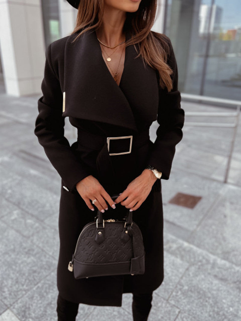 Women's Casual Long Sleeve Button-up V-neck Woolen Coat - ChoreGirl