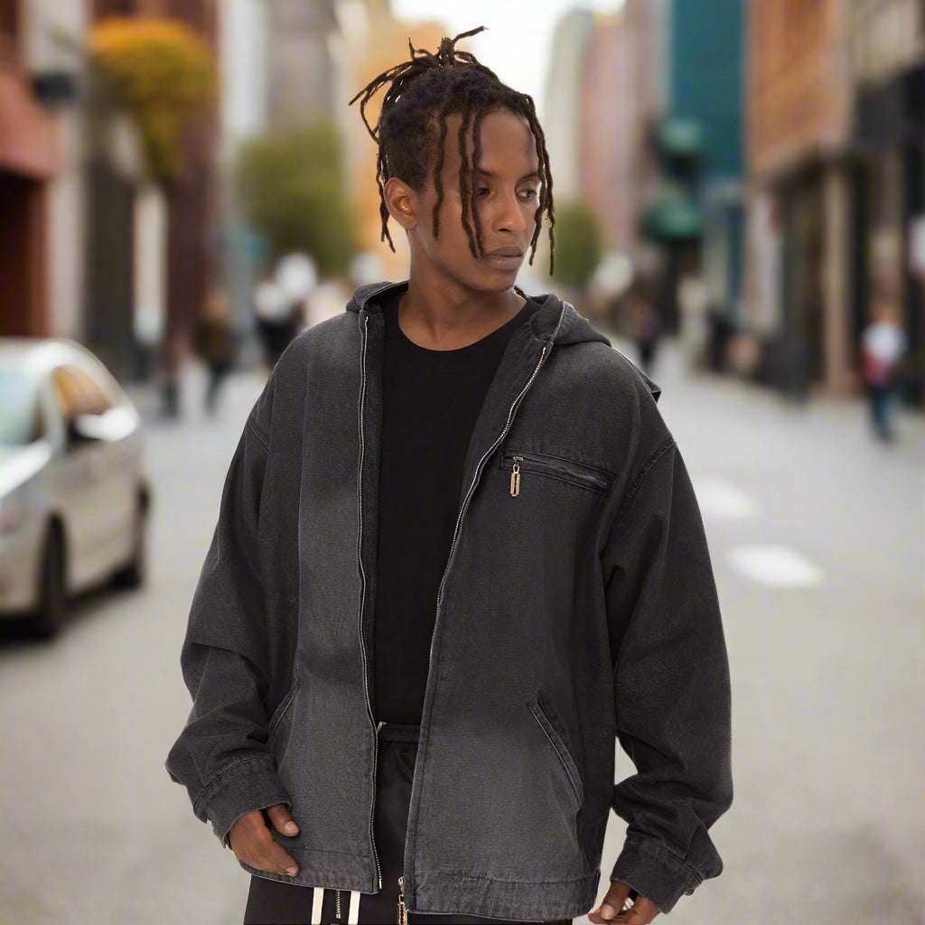 Men's Hooded Zip-up Denim Jacket - ChoreGirl