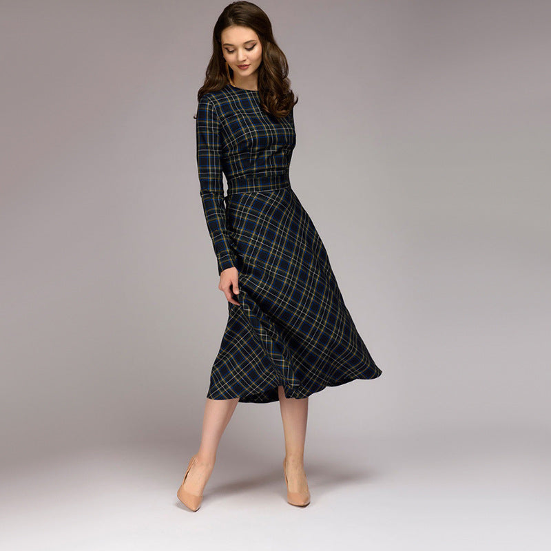 Women's Elegant Plaid Checkered Midi Dress - ChoreGirl
