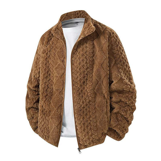 Men's Warm Fleece Padded Zip-up Jacket Hooded or Hoodless, Knit-like Pattern