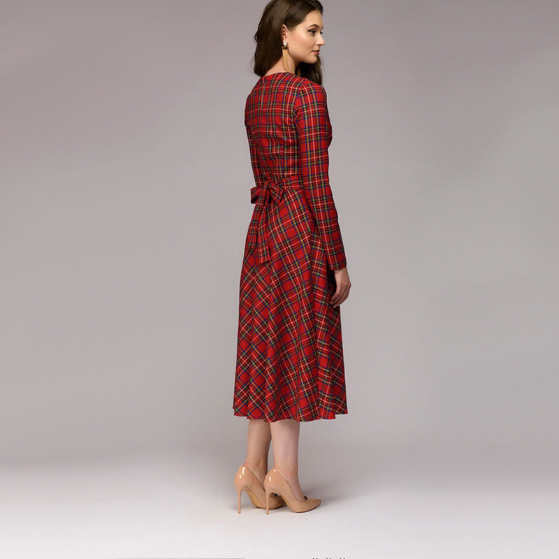 Women's Elegant Plaid Checkered Midi Dress - ChoreGirl