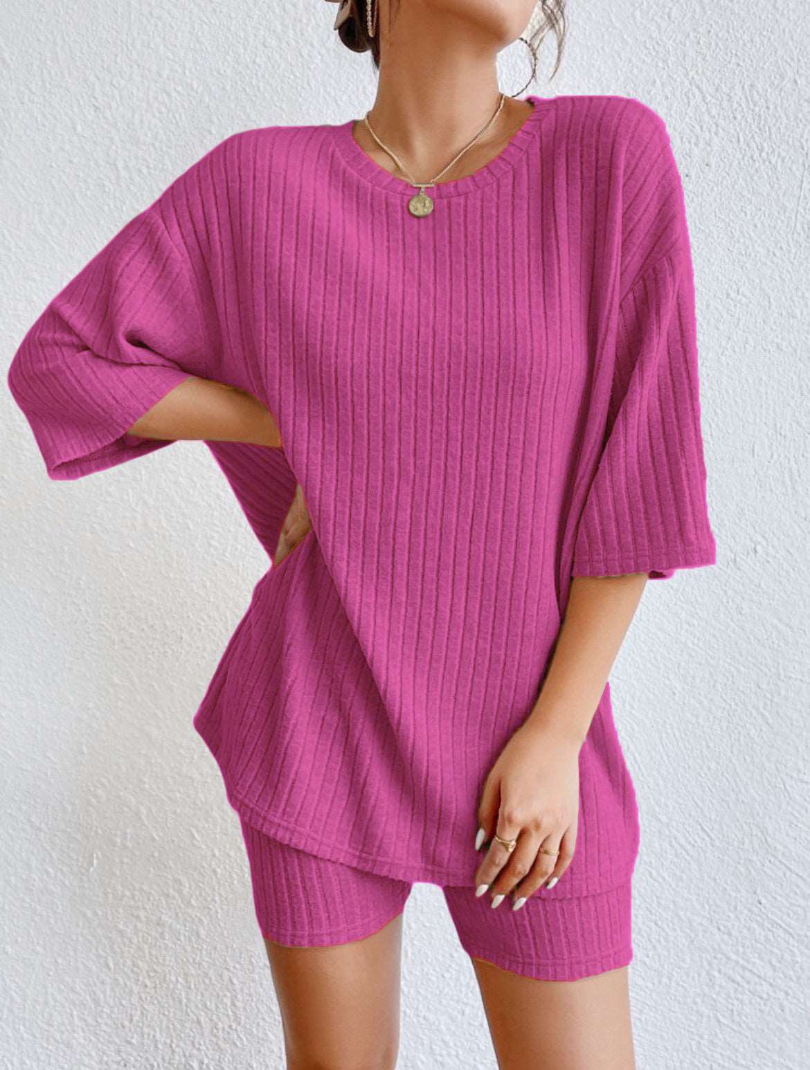 Women's Casual Short Sleeved Solid Color Two-Piece Outfit Set - ChoreGirl