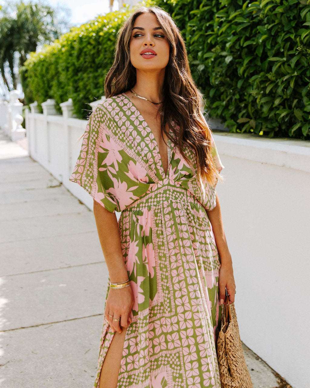 Women's Colorful Print Deep V-neck Split Dress - ChoreGirl