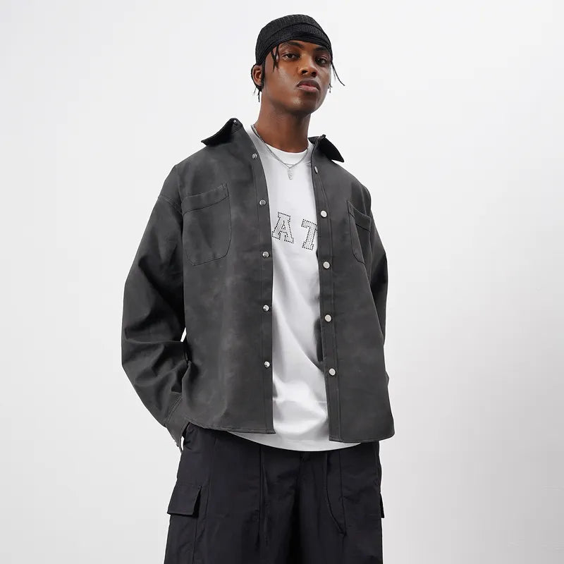 Men's Retro Street Style Washed-out PU Leather Long Sleeved Button-up Shirt - ChoreGirl