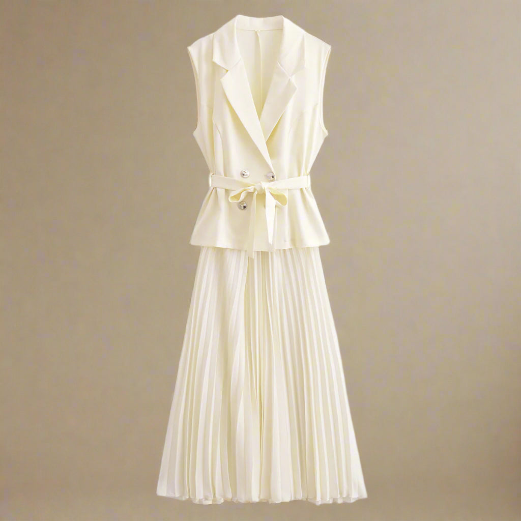 Women's Fashion-forward Double Breasted Vest and Pleated Skirt Dress with Belt - ChoreGirl