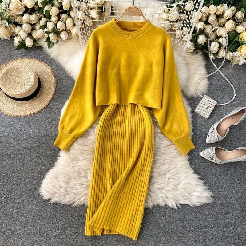 Women's Long Sleeved Jumper and Sleeveless V-neck Dress Two-piece Outfit Set - ChoreGirl
